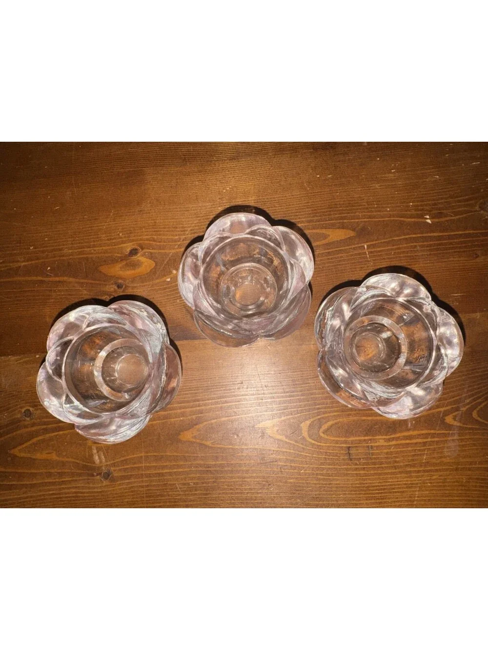 Vintage Pink Glass Lotus Flower Tea Light Votive Candle Holders - Set of 3